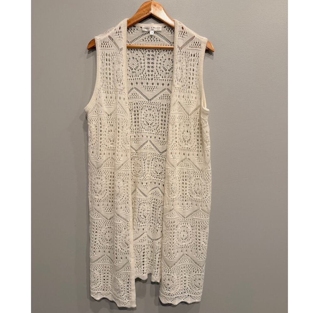 Chelsea & Theodore Long Open Front Crochet Knit Duster Vest Ivory Cream 1X